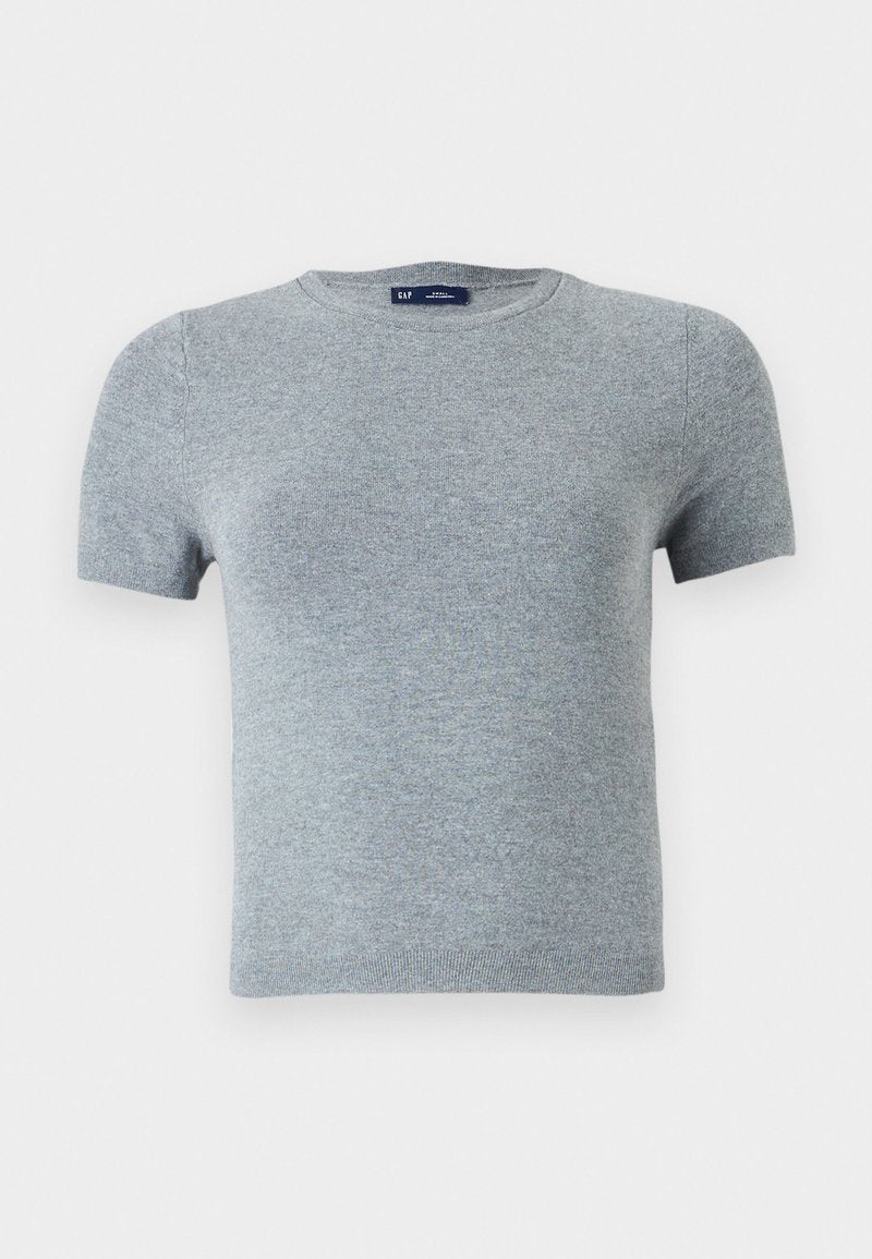 Graues Kurzarm-T-Shirt aus weichem Strickstoff, mit rundem Halsausschnitt und tailliertem Schnitt, minimaler Naht und ohne Muster.
