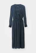 Navyblaues Maxikleid aus leichtem Stoff mit weißen Pünktchen, langen Ärmeln, Knopfdetails und elastischem Bund.