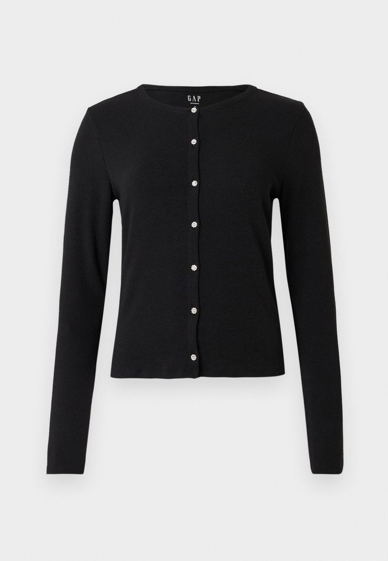Schwarze Strickjacke mit langen Ärmeln aus weichem Stoff. Verfügt über einen Rundhalsausschnitt und eine vordere Knopfleiste mit glänzenden, dekorativen Knöpfen.