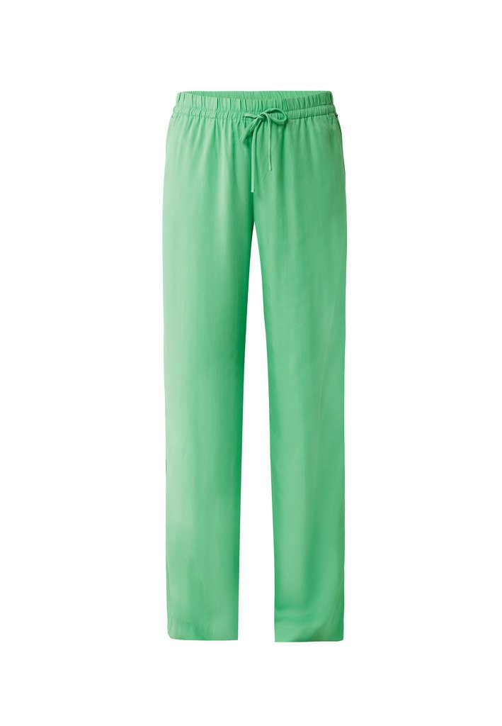 Hellgrüne, fließende Hose mit einem Kordelzugbund. Glatte Textur, gerades Bein-Design, geeignet für die Freizeit.