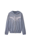 Hellviolette Kapuzenjacke mit Reißverschluss, Fronttaschen und einem Adler-Grafik, der Banner mit den Aufschriften „AllSaints“ und „Analogue Days“ hält.