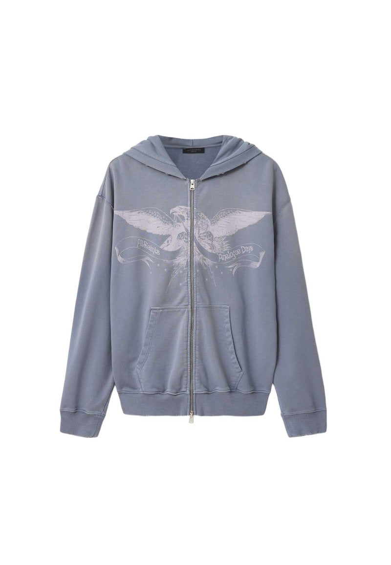 Hellviolette Kapuzenjacke mit Reißverschluss, Fronttaschen und einem Adler-Grafik, der Banner mit den Aufschriften „AllSaints“ und „Analogue Days“ hält.