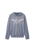 Hellviolette Kapuzenjacke mit Reißverschluss, Fronttaschen und einem Adler-Grafik, der Banner mit den Aufschriften „AllSaints“ und „Analogue Days“ hält.