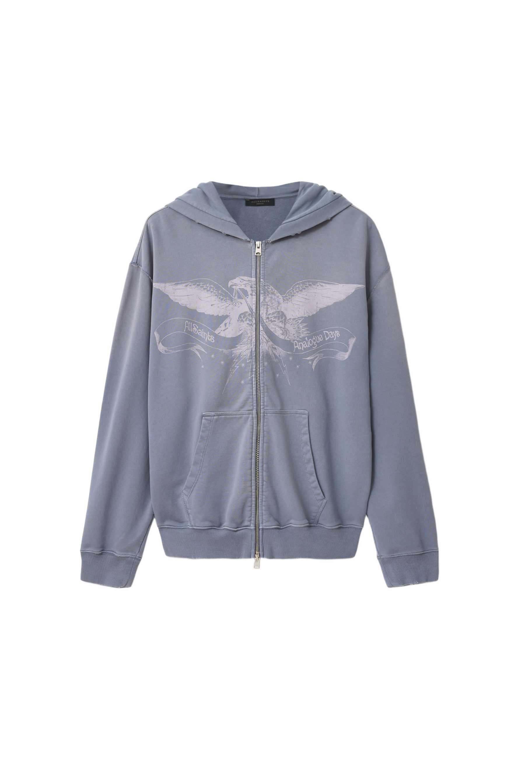 Hellviolette Kapuzenjacke mit Reißverschluss, Fronttaschen und einem Adler-Grafik, der Banner mit den Aufschriften „AllSaints“ und „Analogue Days“ hält.