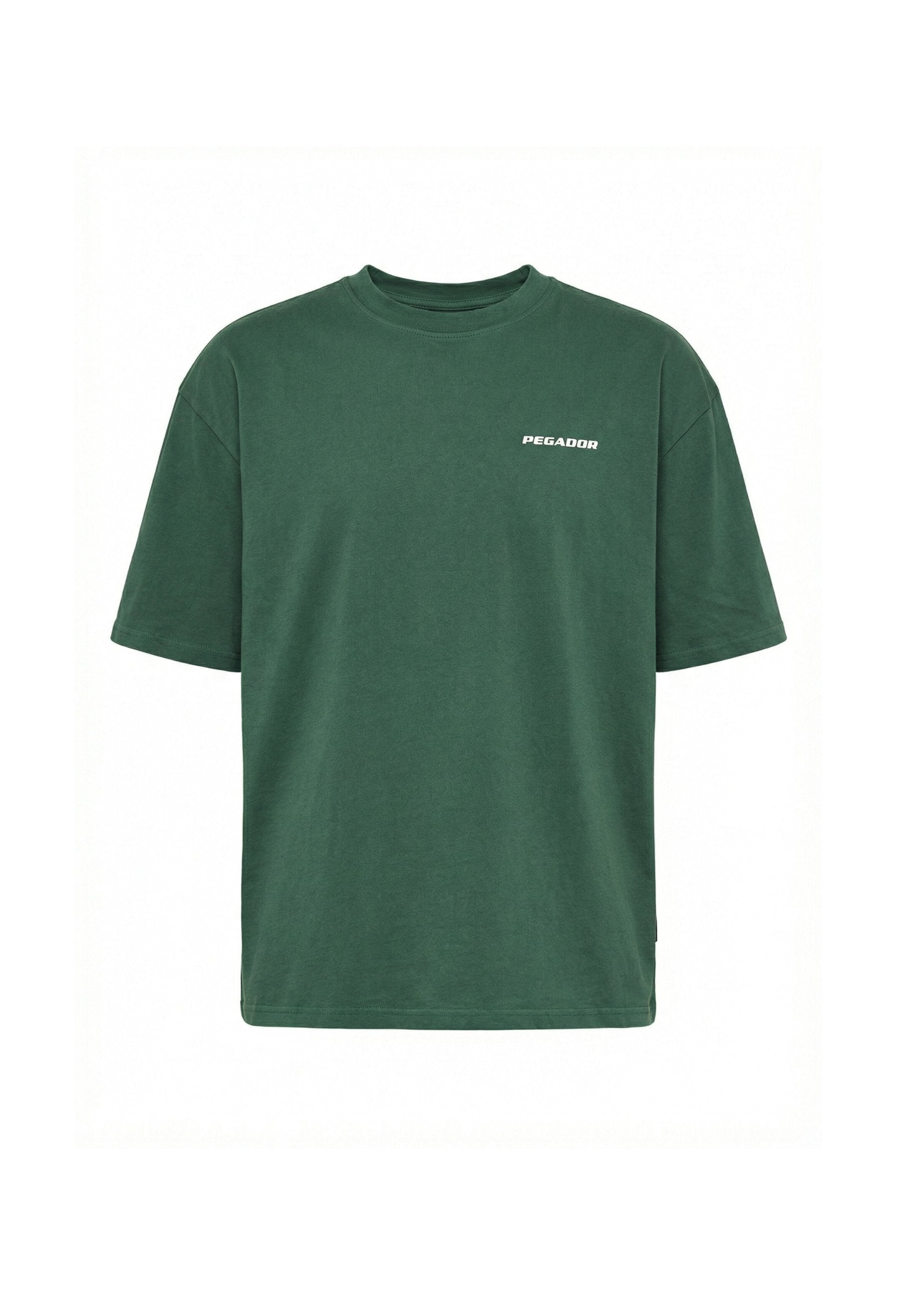 Dunkelgrünes T-Shirt mit kurzen Ärmeln und Rundhalsausschnitt, mit kleinem weißem "PEGADOR"-Logo auf der linken Brust.