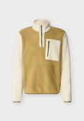 Herren-Fleece-Pullover mit halbem Reißverschluss, beiger Körper, cremefarbene Ärmel und Reißverschlusstasche auf der linken Brustseite.