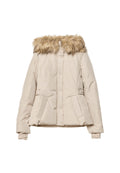 Beige gepolsterte Winterjacke mit Knöpfen auf der Vorderseite, seitlichen Taschen, verstellbaren Taillenschlaufen und einem braunen Kunstfellkragen.
