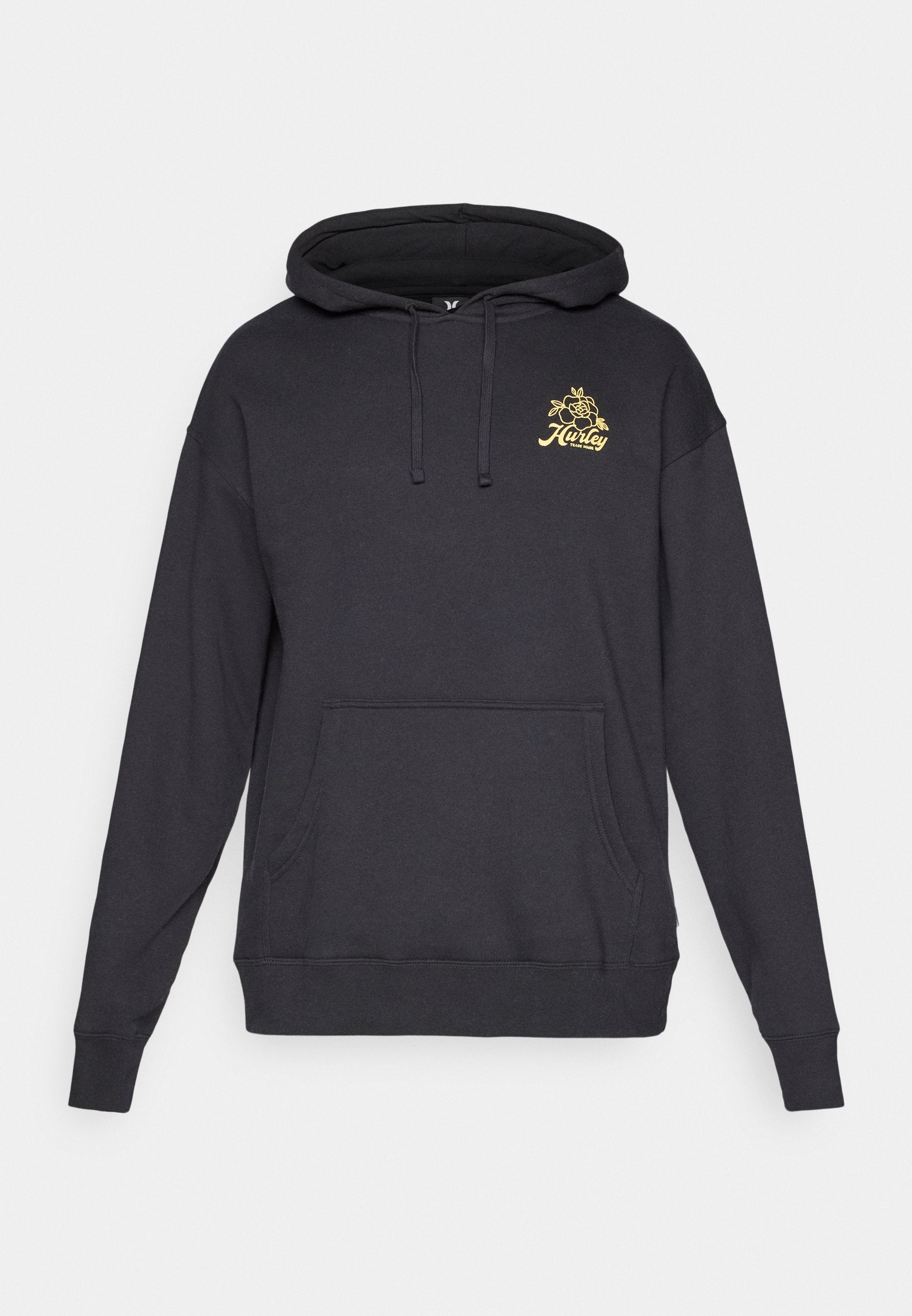 Schwarze Kapuzenjacke aus Baumwollmischung, mit einer Fronttasche, Zugbändern und einem goldenen Blumenlogo auf der linken Brustseite.
