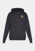 Schwarze Kapuzenjacke aus Baumwollmischung, mit einer Fronttasche, Zugbändern und einem goldenen Blumenlogo auf der linken Brustseite.