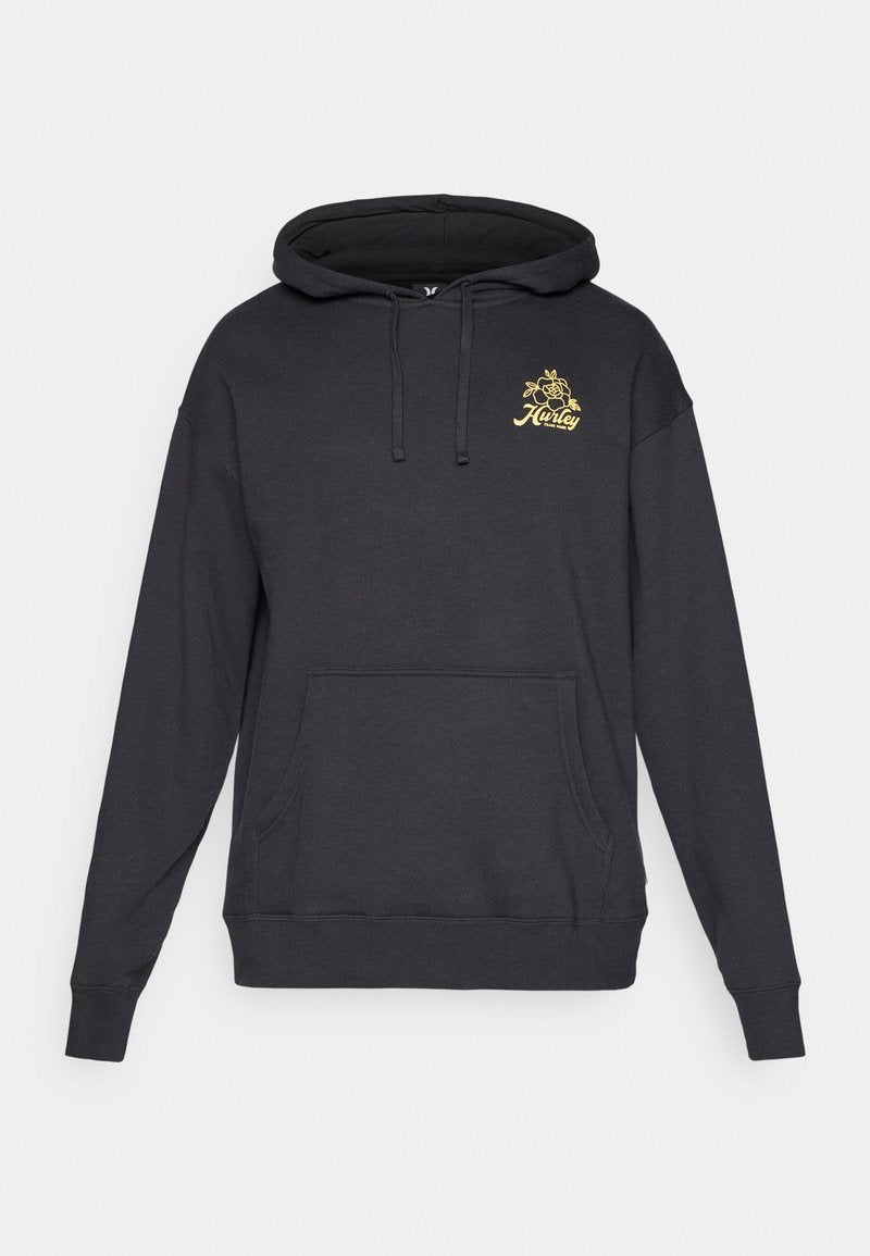 Schwarze Kapuzenjacke aus Baumwollmischung, mit einer Fronttasche, Zugbändern und einem goldenen Blumenlogo auf der linken Brustseite.
