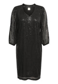 Schwarzes Paillettenkleid mit V-Ausschnitt und halb-langen Puffärmeln. Hat ein vertikal gestreiftes Muster und eine lockere Passform.