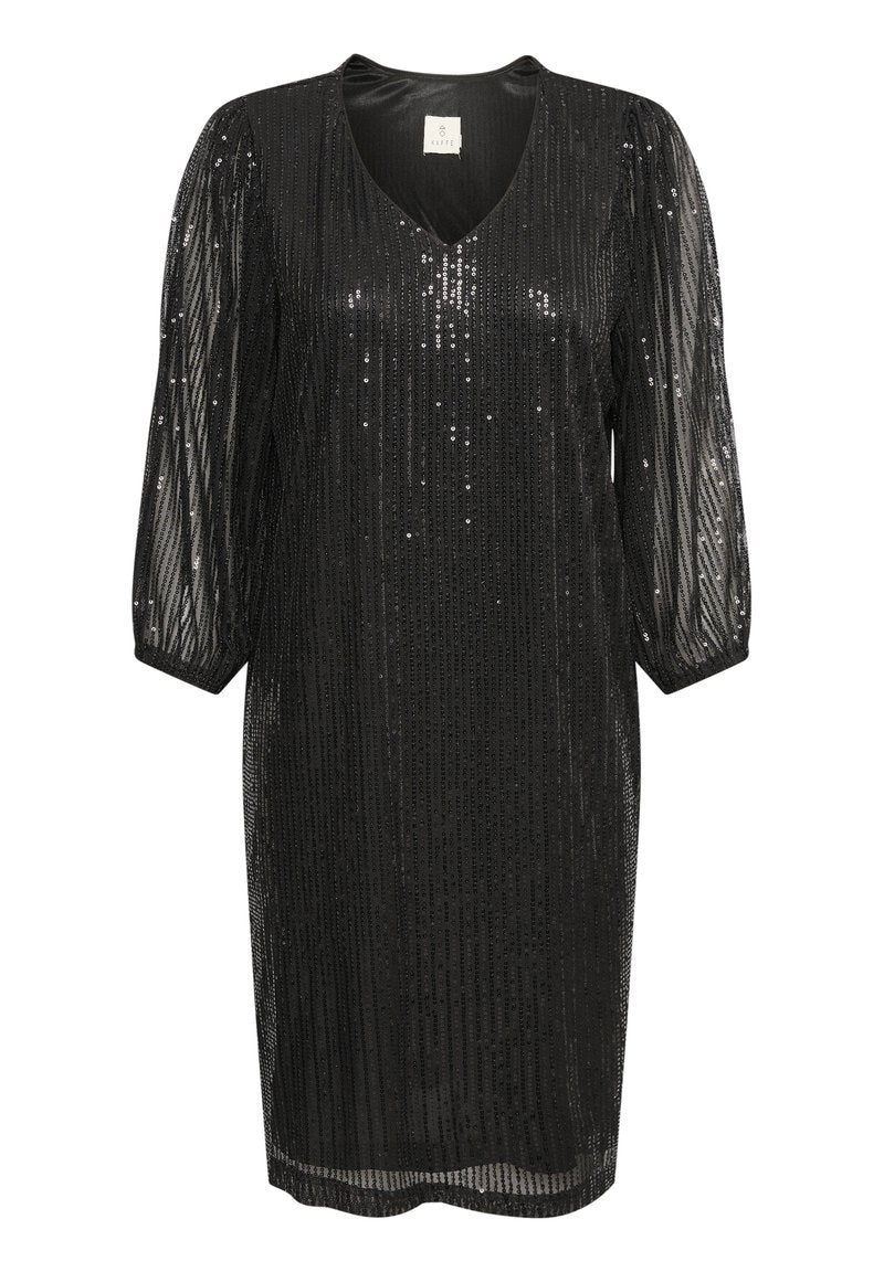 Schwarzes Paillettenkleid mit V-Ausschnitt und halb-langen Puffärmeln. Hat ein vertikal gestreiftes Muster und eine lockere Passform.