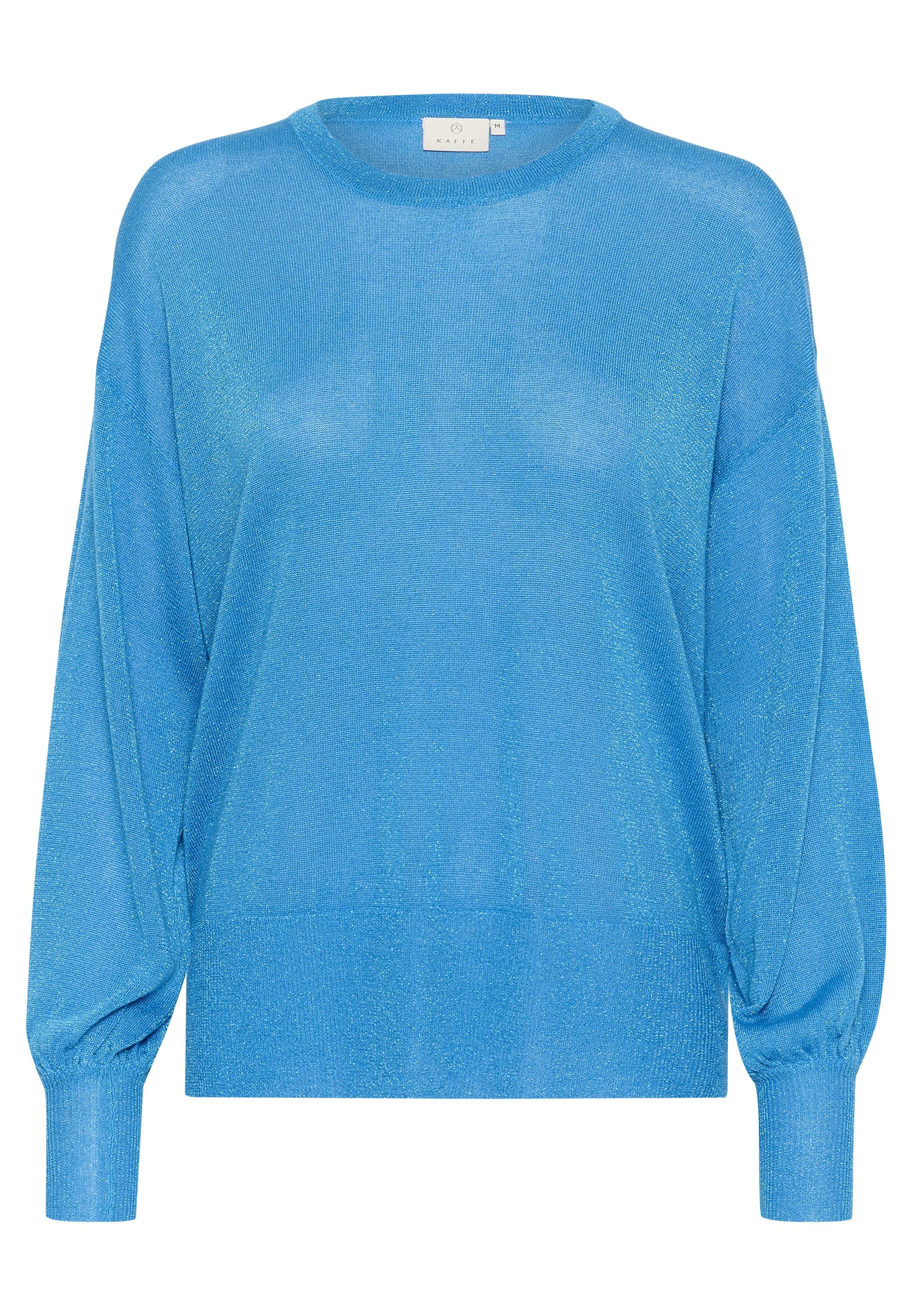 Blauer Strickpullover mit lockerem Schnitt, langen Ärmeln, gerippten Bündchen und schimmernder Textur. Rundhalsausschnitt und minimalistisches Design.