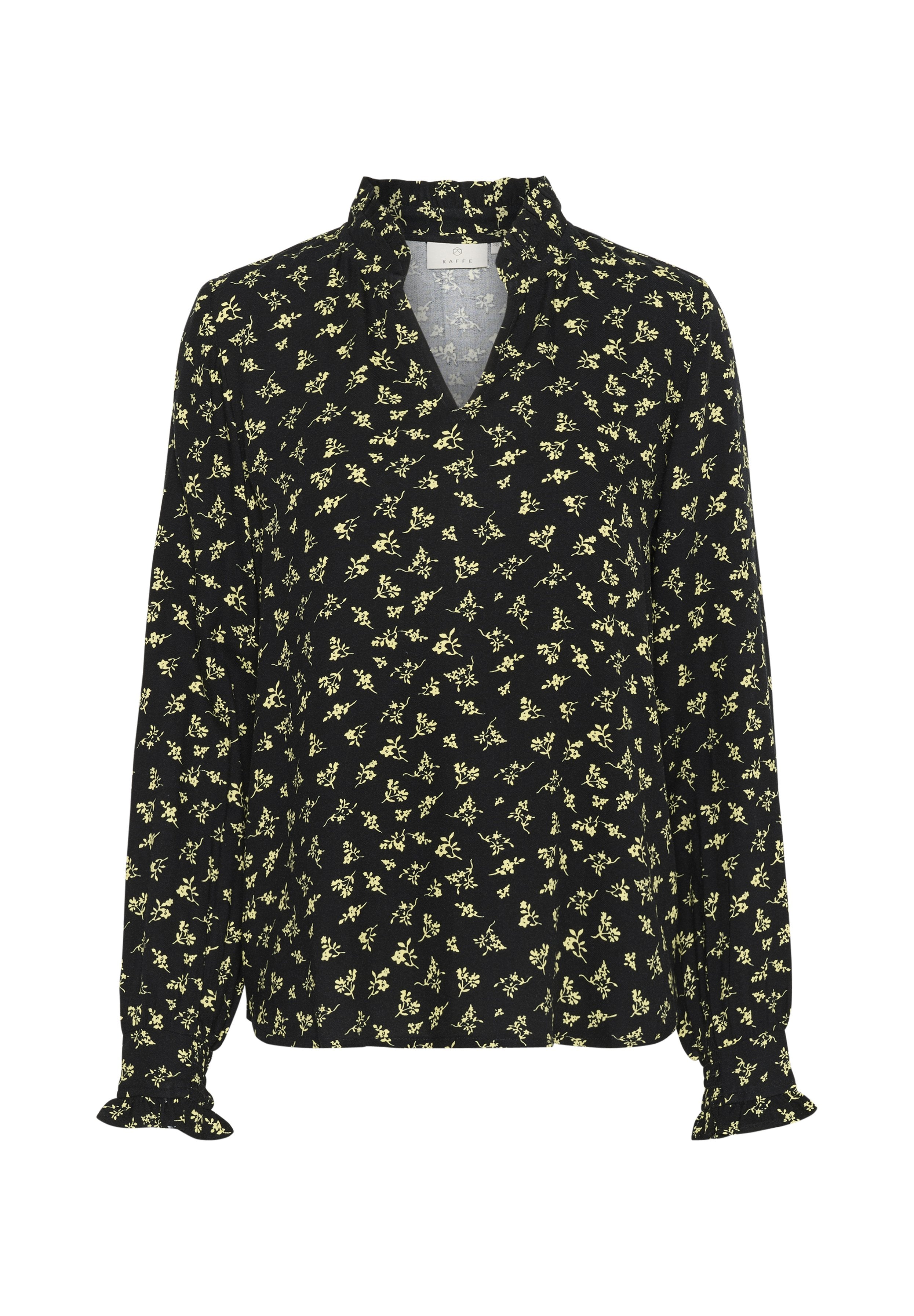 Schwarze langärmelige Bluse mit kleinem gelbem Blumenmuster, einem gerafften hohen Kragen und einer dezenten Rüschenverzierung an den Manschetten.