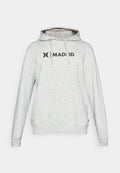 Grauer Baumwoll-Hoodie mit einer Kängurutasche, langen Ärmeln, einer Kapuze mit Kordelzug und einem schwarzen "MADRID"-Logo auf der Brust.