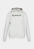 Grauer Baumwoll-Hoodie mit einer Kängurutasche, langen Ärmeln, einer Kapuze mit Kordelzug und einem schwarzen "MADRID"-Logo auf der Brust.