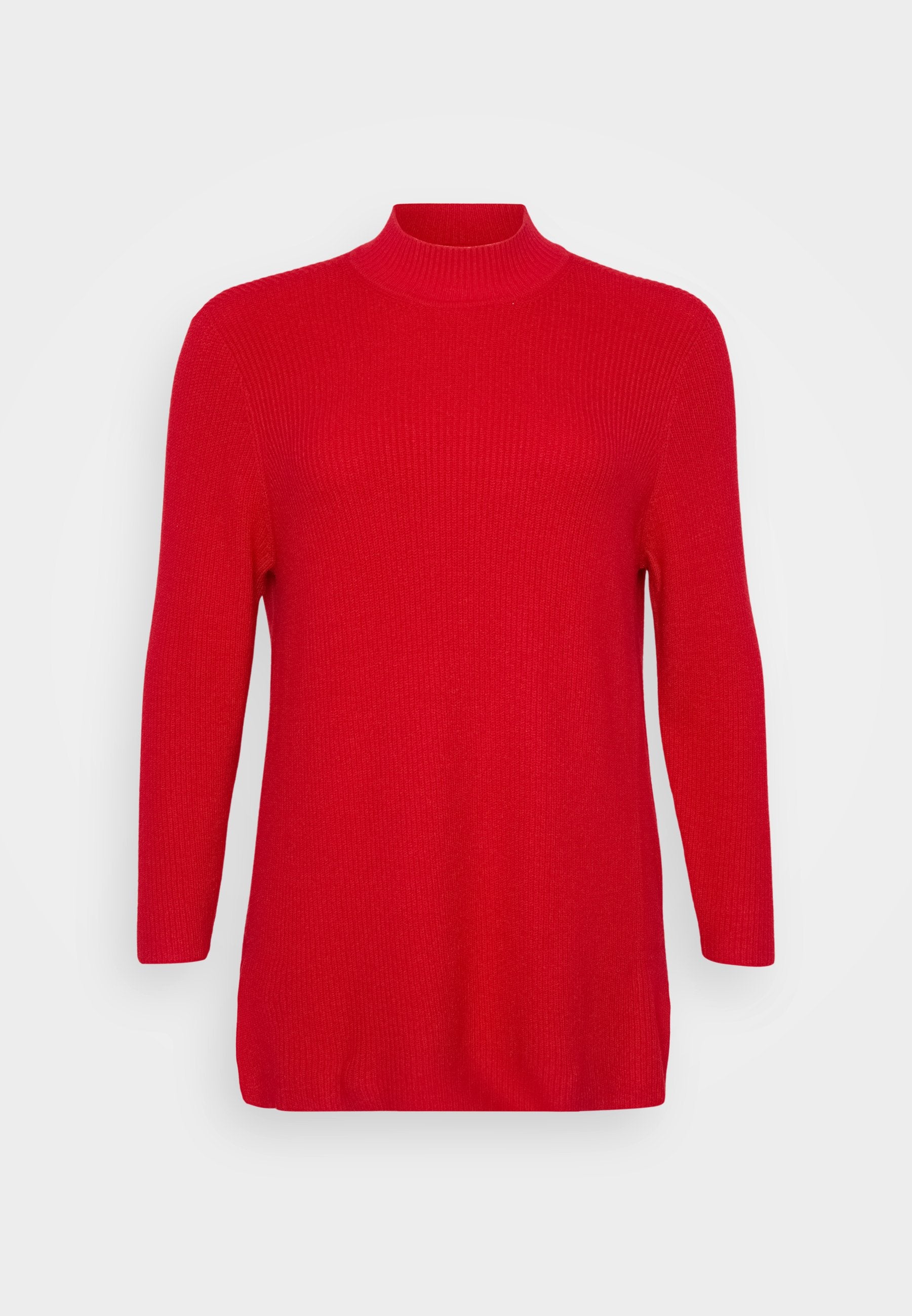 Roter gerippter Strickpullover mit hohem Kragen, langen Ärmeln und geradem Schnitt. Weiche Textur, ohne Muster oder metallische Details.
