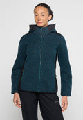Türkisfarbene und schwarze Zip-Jacke mit einem strukturierten Muster, warmem Material, hohem Kragen und zwei seitlichen Taschen. Verfügt über dunkle Schulterakzente.