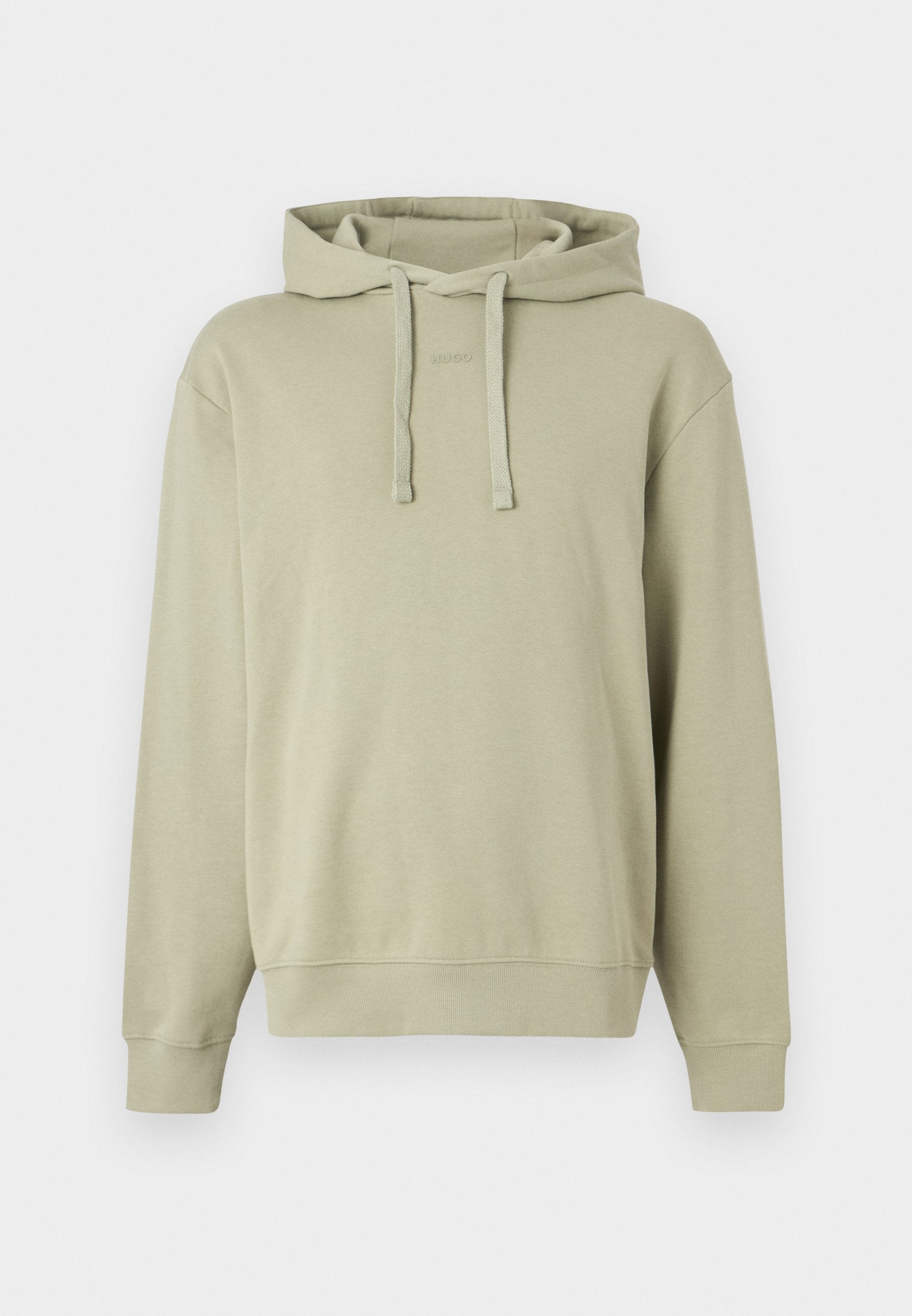 Hellbeiger Pullover mit Kapuze, vorderen Kordeln und dezentem eingeprägtem Logo auf der Brust, mit langen Ärmeln und gerippten Bündchen und Saum.