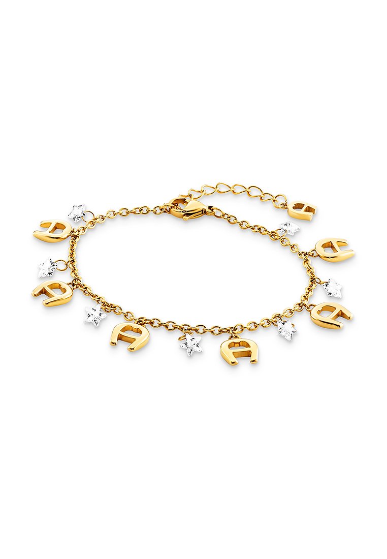 Goldene Kettenarmband mit abwechselnden goldenen Buchstaben-Anhängern und klaren sternförmigen Kristallen. Verstellbare Länge mit einem Karabinerverschluss.