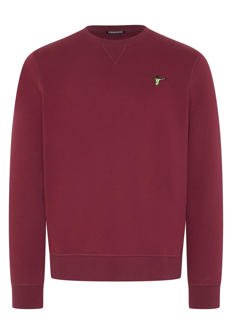 Bordeauxfarbenes Sweatshirt aus weichem Stoff, Rundhalsausschnitt, gerippte Bündchen und Saum. Mit einer kleinen grünen Logo-Applikation auf der Brust.