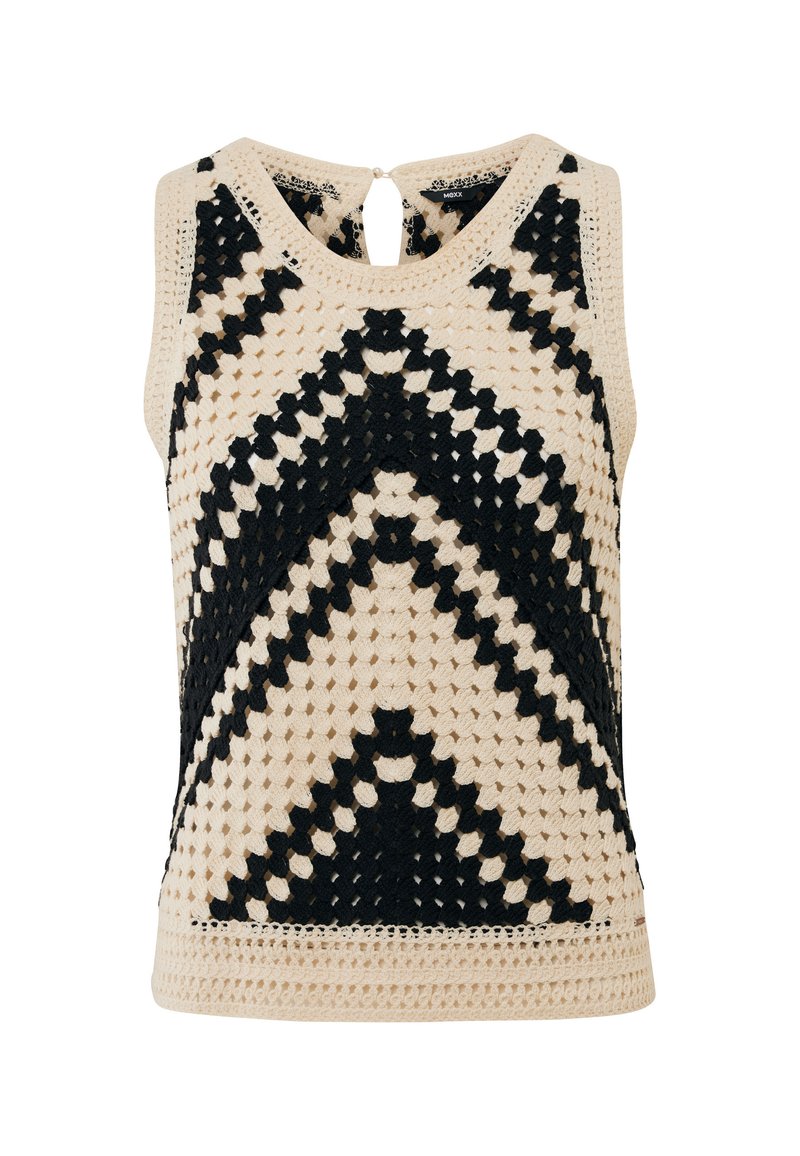 Häkeltop mit einem Chevron-Muster in Schwarz und Beige. Detail mit Schlüsselloch-Rücken und strukturiertem Gewebe. Ärmelloses Design.