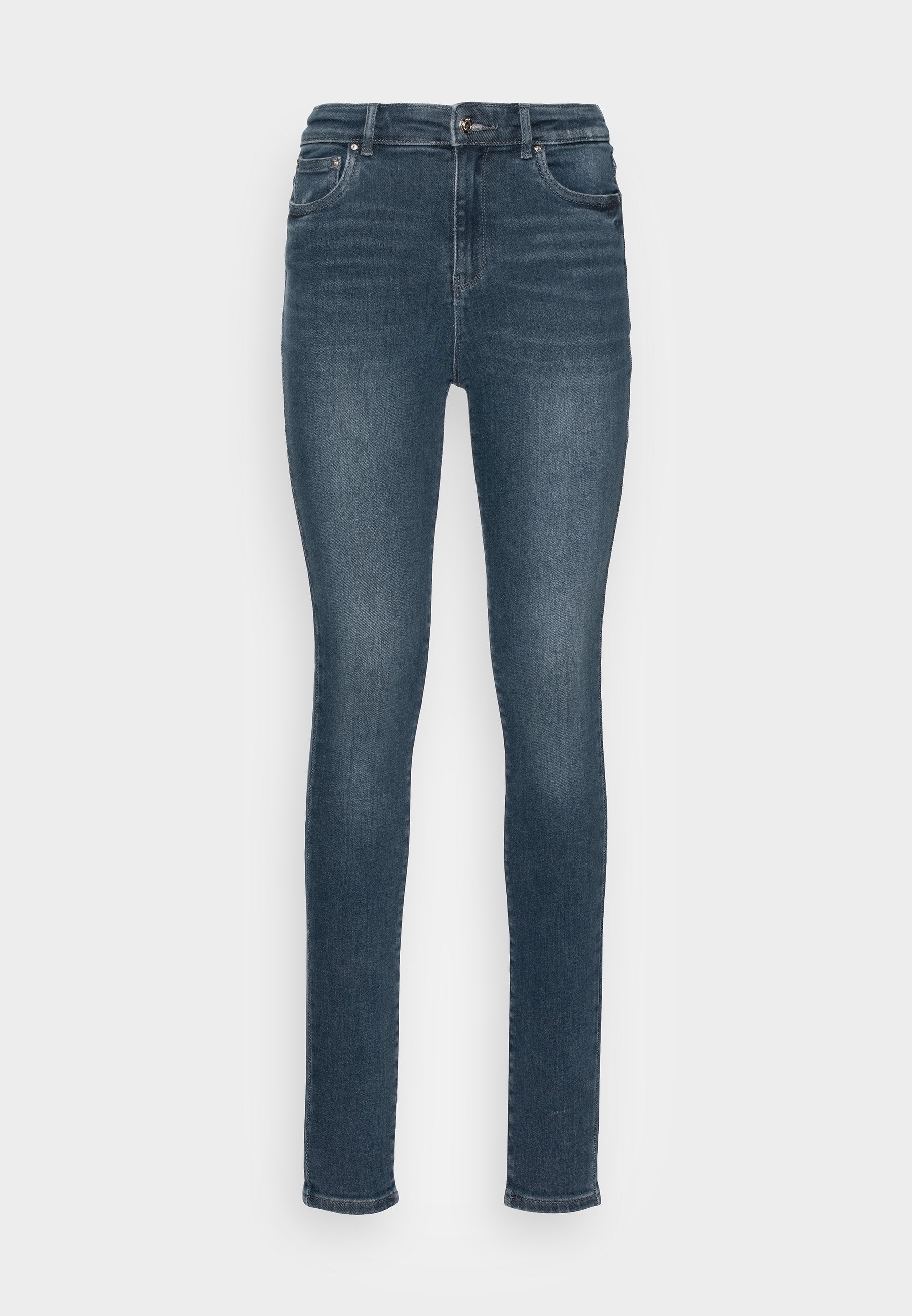 Schmale Jeans aus dunkelblauem Denim. Mit einem hohen Bund, Vordertaschen und einer glatten Textur. Klassisches Fünf-Taschen-Design mit dezentem Verblassen.