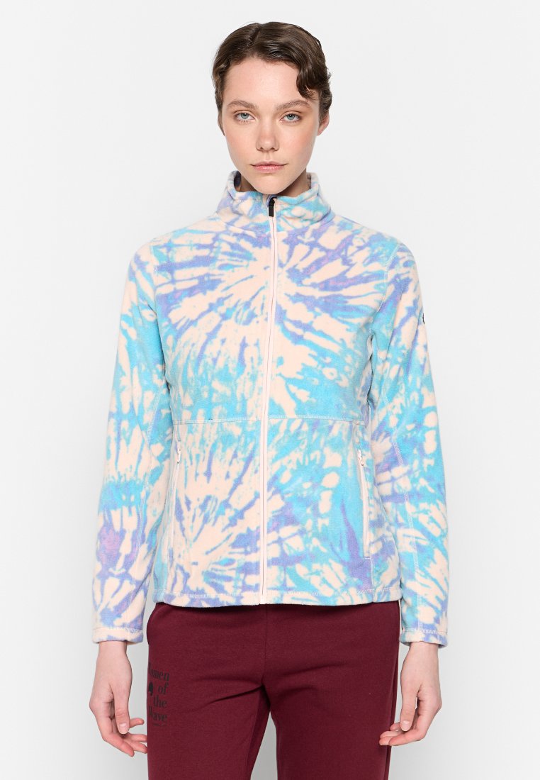 Fleece-Zip-Jacke in Blau und pastellfarbigem Tie-Dye-Muster, mit hohem Kragen und zwei Fronttaschen, weicher Textur und langen Ärmeln.