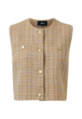 Beige Tweed-Weste mit hohem Kragen, goldfarbenen Knöpfen und zwei Brusttaschen. Der strukturierte Stoff weist ein feines Karomuster auf.