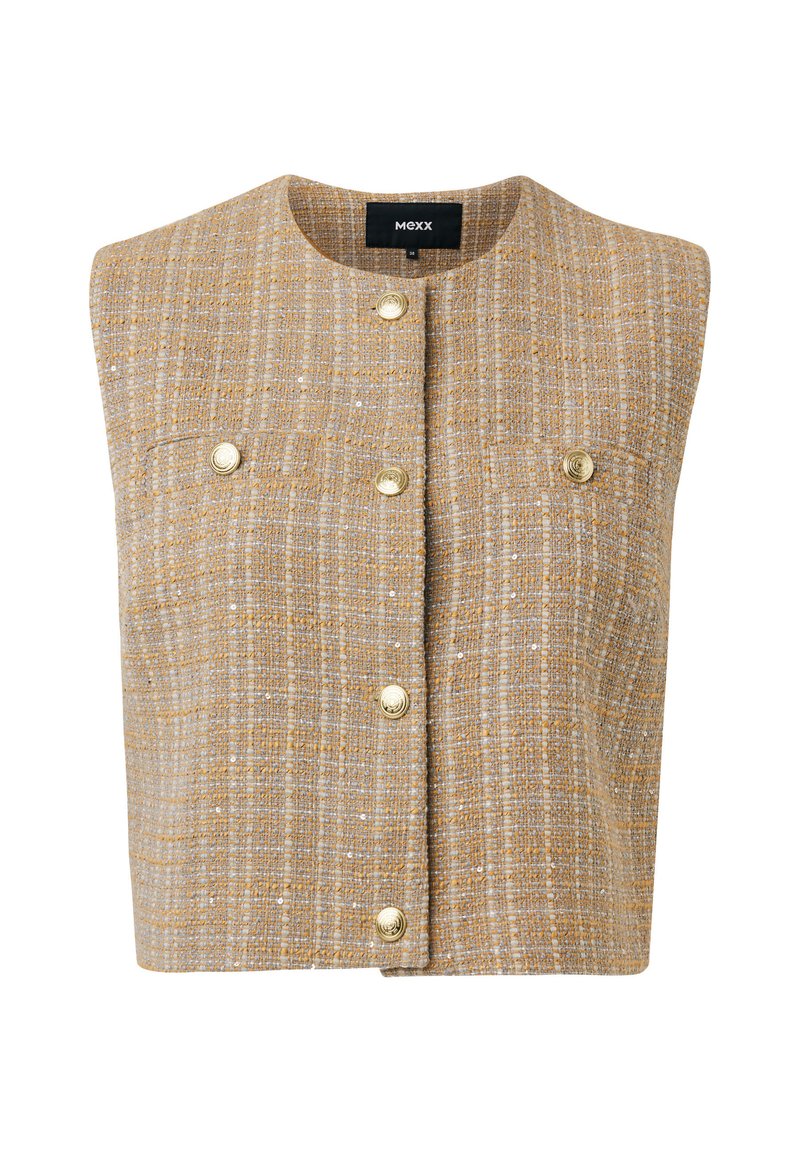 Beige Tweed-Weste mit hohem Kragen, goldfarbenen Knöpfen und zwei Brusttaschen. Der strukturierte Stoff weist ein feines Karomuster auf.