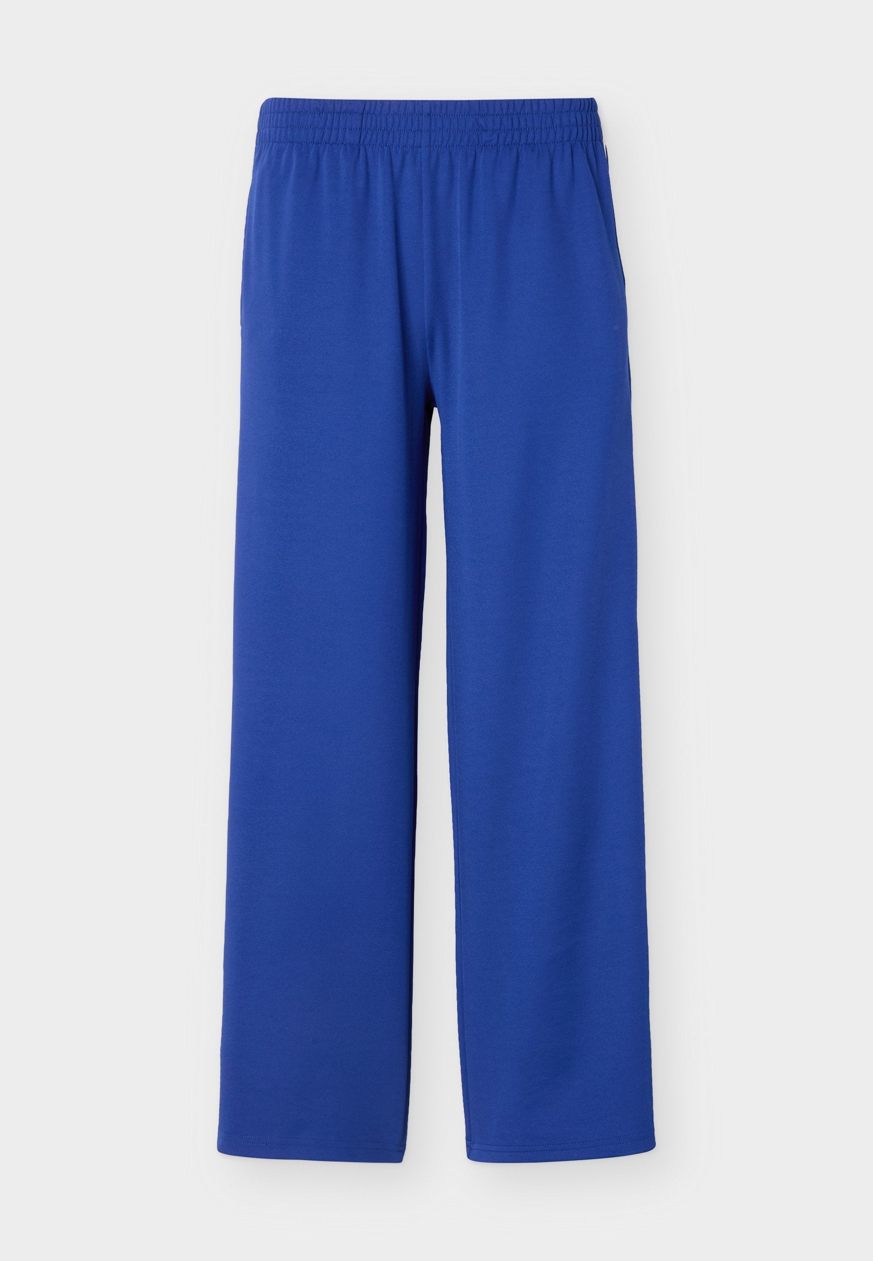 Blaue Hose mit geradem Bein und elastischem Bund, aus glattem Stoff gefertigt, gezeigt auf hellem einfarbigem Hintergrund.