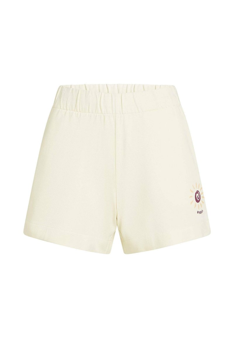 Cremefarbene Shorts mit elastischem Bund, glatter Textur und kleinem besticktem Sonnenmotiv auf der unteren linken Seite.