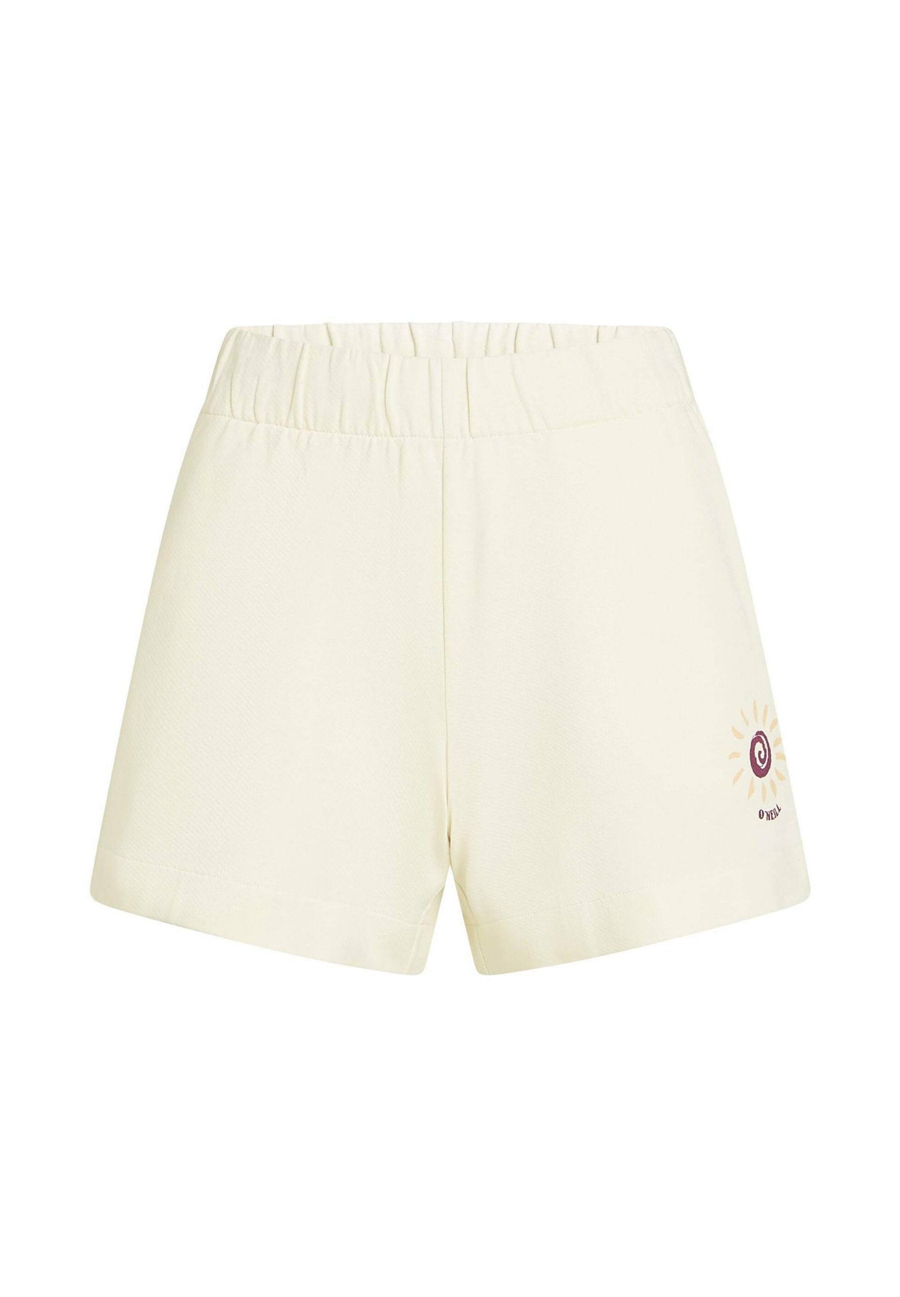 Cremefarbene Shorts mit elastischem Bund, glatter Textur und kleinem besticktem Sonnenmotiv auf der unteren linken Seite.