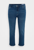 Dunkelblaue Denim-Jeans mit geradem Schnitt, ausgestattet mit dem klassischen Fünf-Taschen-Design, silbernem Knopf und dezenten Ausbleichungen.
