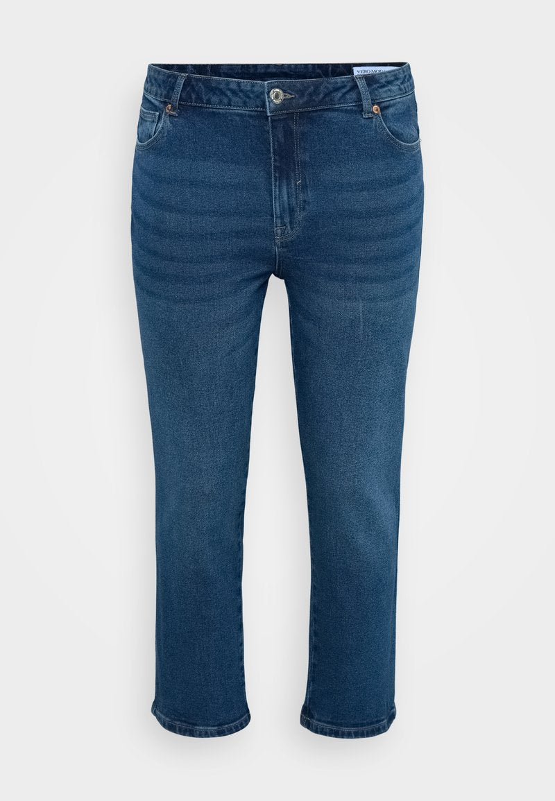 Dunkelblaue Denim-Jeans mit geradem Schnitt, ausgestattet mit dem klassischen Fünf-Taschen-Design, silbernem Knopf und dezenten Ausbleichungen.