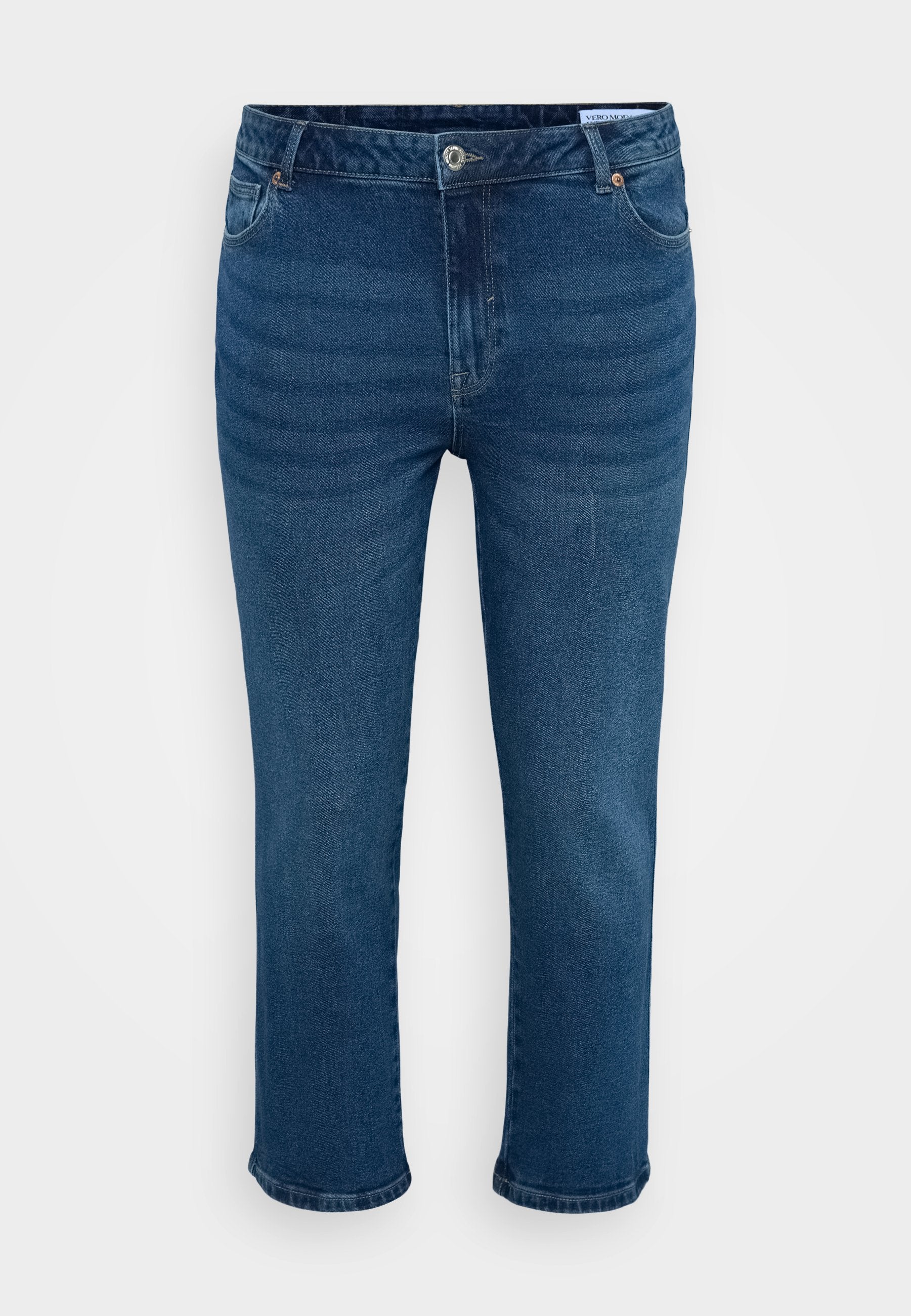 Dunkelblaue Denim-Jeans mit geradem Schnitt, ausgestattet mit dem klassischen Fünf-Taschen-Design, silbernem Knopf und dezenten Ausbleichungen.