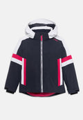 Nautikblaue und weiße wasserdichte Jacke mit rosa Akzenten, ausgestattet mit Kapuze, frontalem Reißverschluss und farblich abgestimmtem Design. Weiche Innenauskleidung.