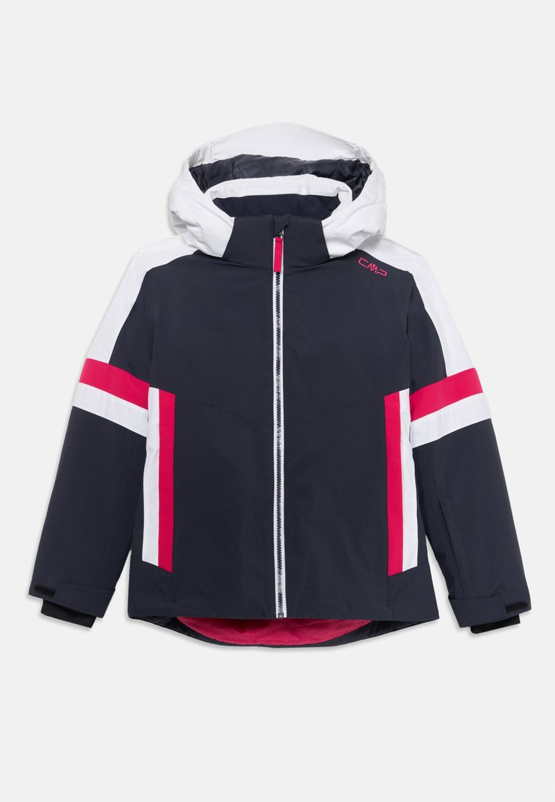 Nautikblaue und weiße wasserdichte Jacke mit rosa Akzenten, ausgestattet mit Kapuze, frontalem Reißverschluss und farblich abgestimmtem Design. Weiche Innenauskleidung.