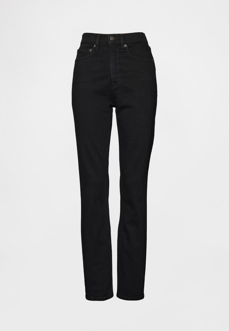 Schwarze, hochtaillierte Jeans mit geradem Bein, gefertigt aus Denim, mit Metallknopfverschluss und einfachen Steppnähten.