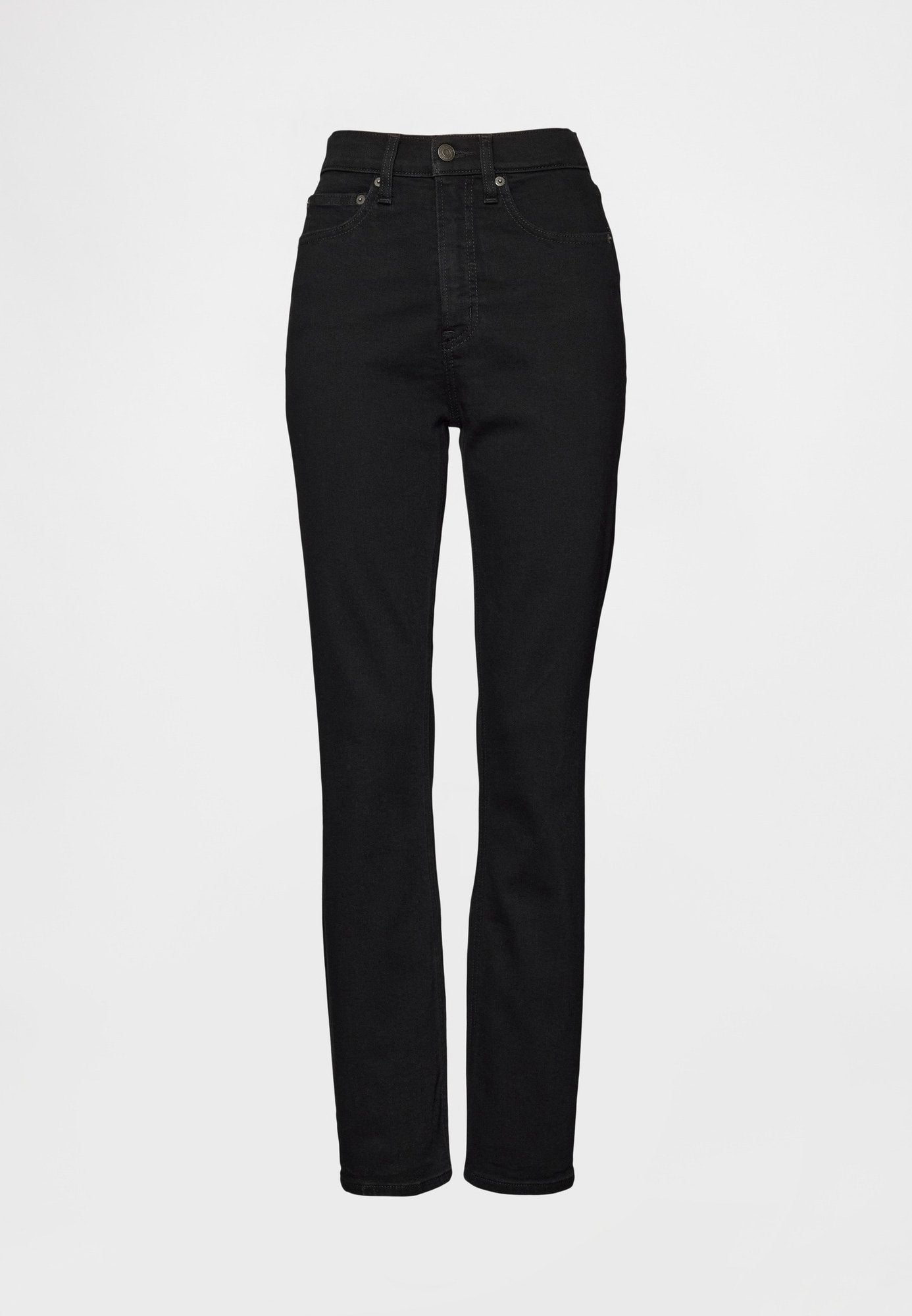 Schwarze, hochtaillierte Jeans mit geradem Bein, gefertigt aus Denim, mit Metallknopfverschluss und einfachen Steppnähten.