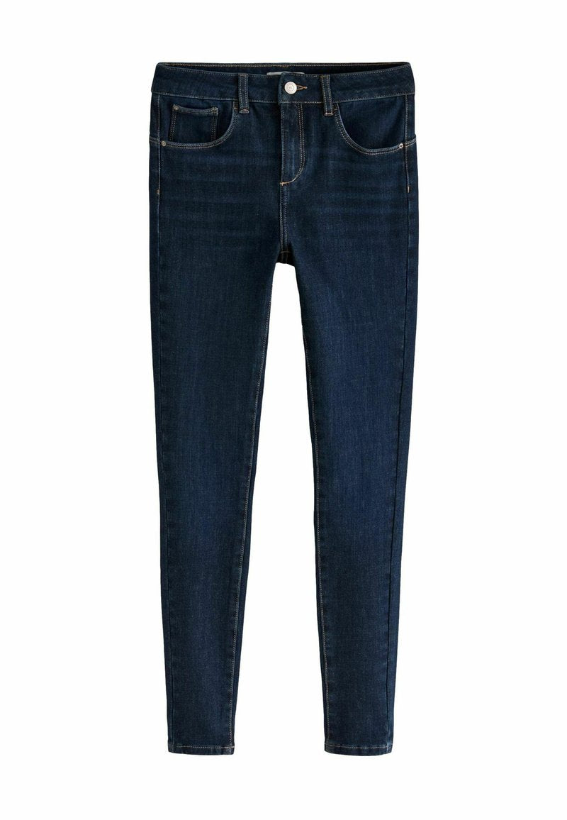 Dunkelblaue Skinny-Jeans aus Denim, mit klassischem Fünf-Taschen-Design, Gürtelschlaufen und einem vorderen Knopfverschluss.