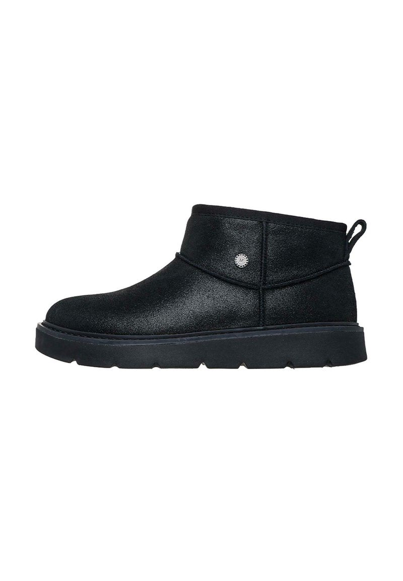 Schwarze Knöchelstiefel mit strukturierter Oberfläche, weichem Obermaterial, rundem Zehenbereich und Gummisohle. Verfügen über einen dekorativen seitlichen Knopf und eine Lasche zum Anziehen.
