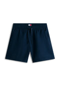 Herren-Schwimmshorts in Marineblau mit elastischem Bund, Kordelzug, Seitentaschen und Tommy Jeans-Logo auf dem inneren Bund.