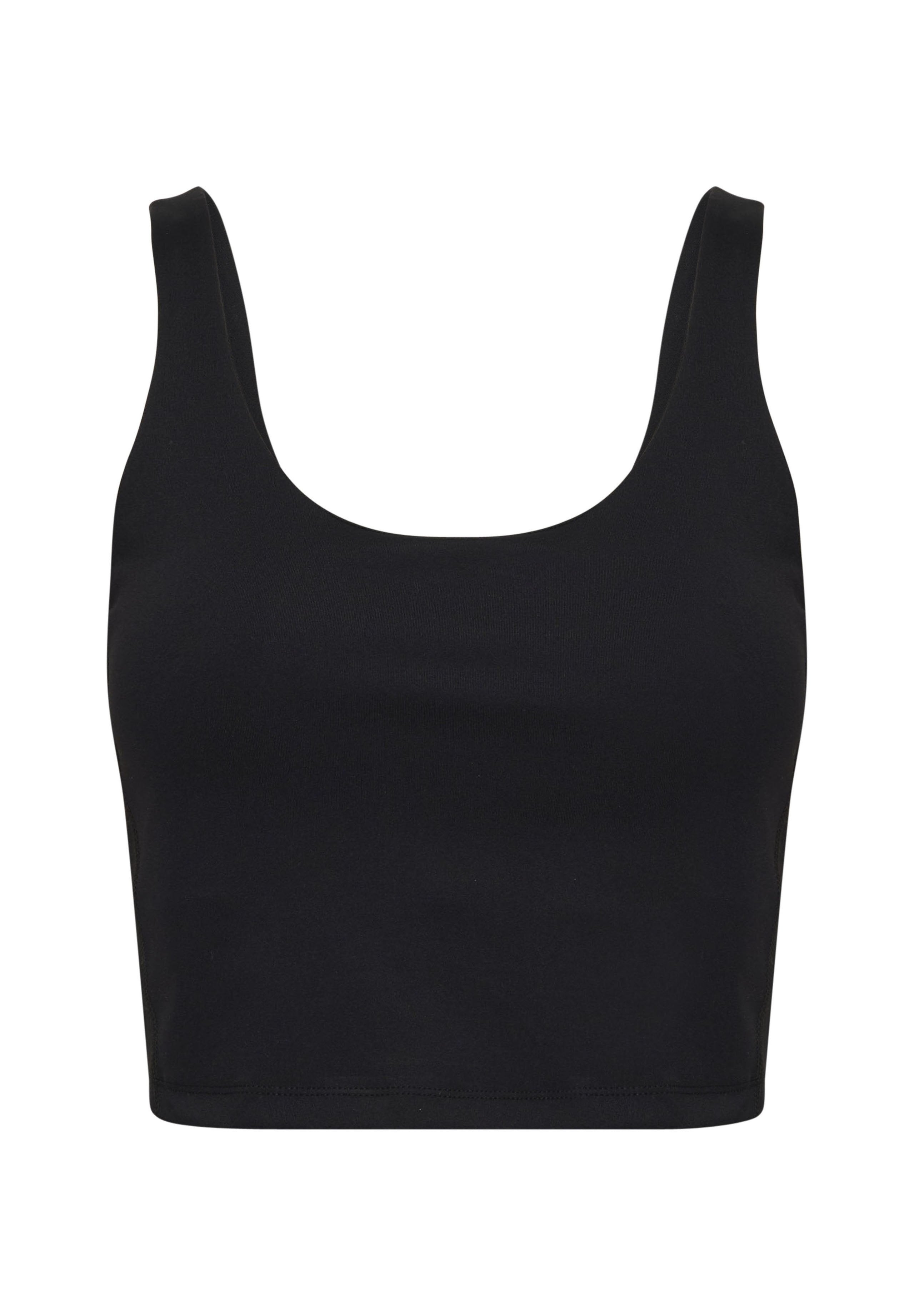 Schwarzes, kürzes Tanktop aus glattem, elastischem Stoff. Mit runder Ausschnittform und breiten Schulterträgern. Einfaches, minimalistisches Design.