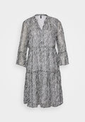 Schwarz-weiß gestreiftes Kleid in Kniehöhe mit V-Ausschnitt, langen, weit auslaufenden Ärmeln und Stufenrock. Aus leichtem, durchsichtigem Stoff gefertigt.