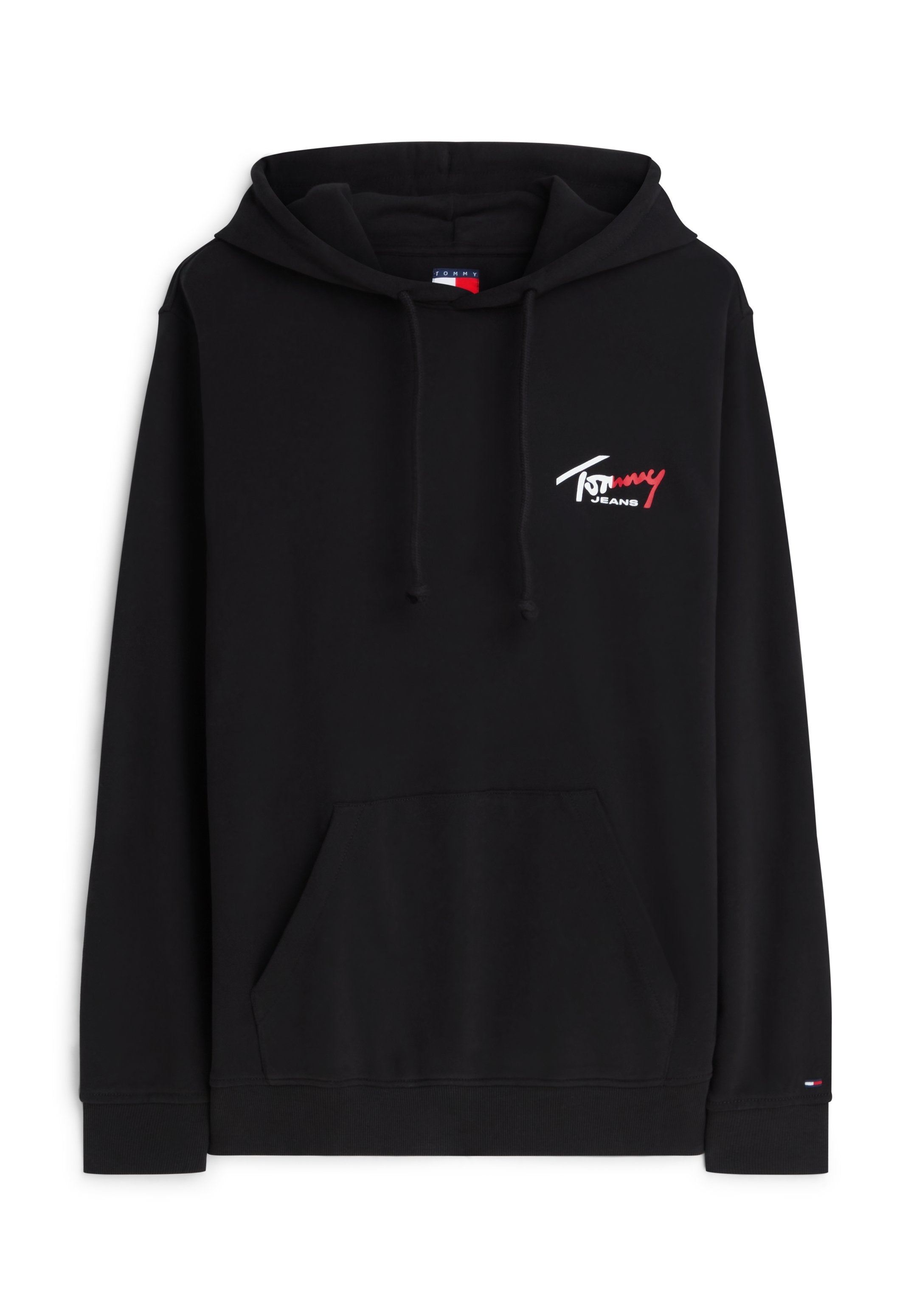 Schwarzer Hoodie mit Fronttasche, Kapuze mit Kordelzug und kleinem weißen und roten "Tommy Jeans"-Logo auf der linken Brust und dem Ärmelbündchen.
