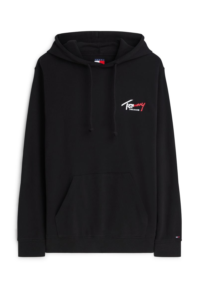 Schwarzer Hoodie mit Fronttasche, Kapuze mit Kordelzug und kleinem weißen und roten "Tommy Jeans"-Logo auf der linken Brust und dem Ärmelbündchen.