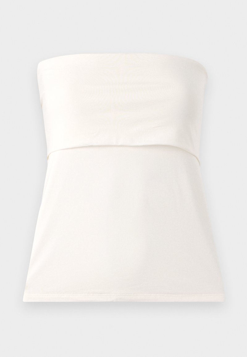 Weißes trägerloses Oberteil aus glattem, elastischem Stoff. Mit einem taillierten Oberteil, einer Naht unter der Brust und geradem Saum. Minimalistisches Design.