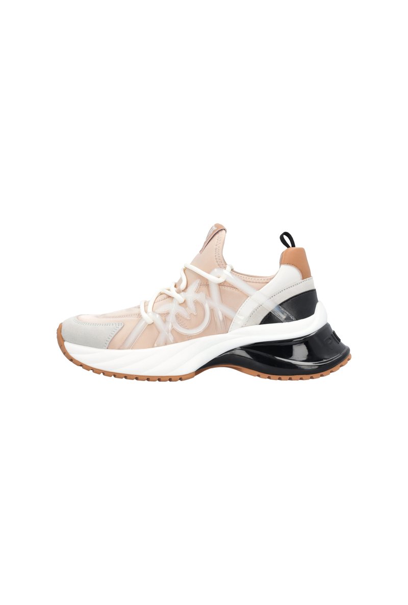 Leichter Sneaker mit einem Mischmaterialdesign in Beige, Weiß und Schwarz, gepolsterter Sohle und strukturiertem Gummiaußensohle.