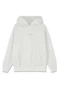 Weißer Baumwoll-Hoodie mit einer Fronttasche, gerippten Bündchen und dem "PEGADOR"-Logo in Hellbeige über der Brust.